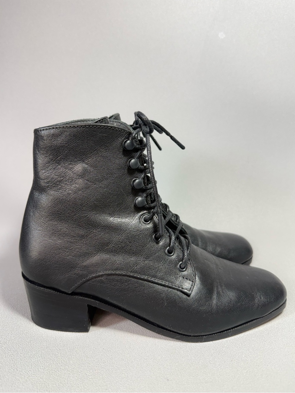 Christy Dawn Black "Dawn Boot" Lace-Up All Leather Ankle Boots